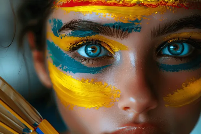 German soccer fan girl close-up with flag-painted face, vivid blue eyes, blurred stadium backdrop