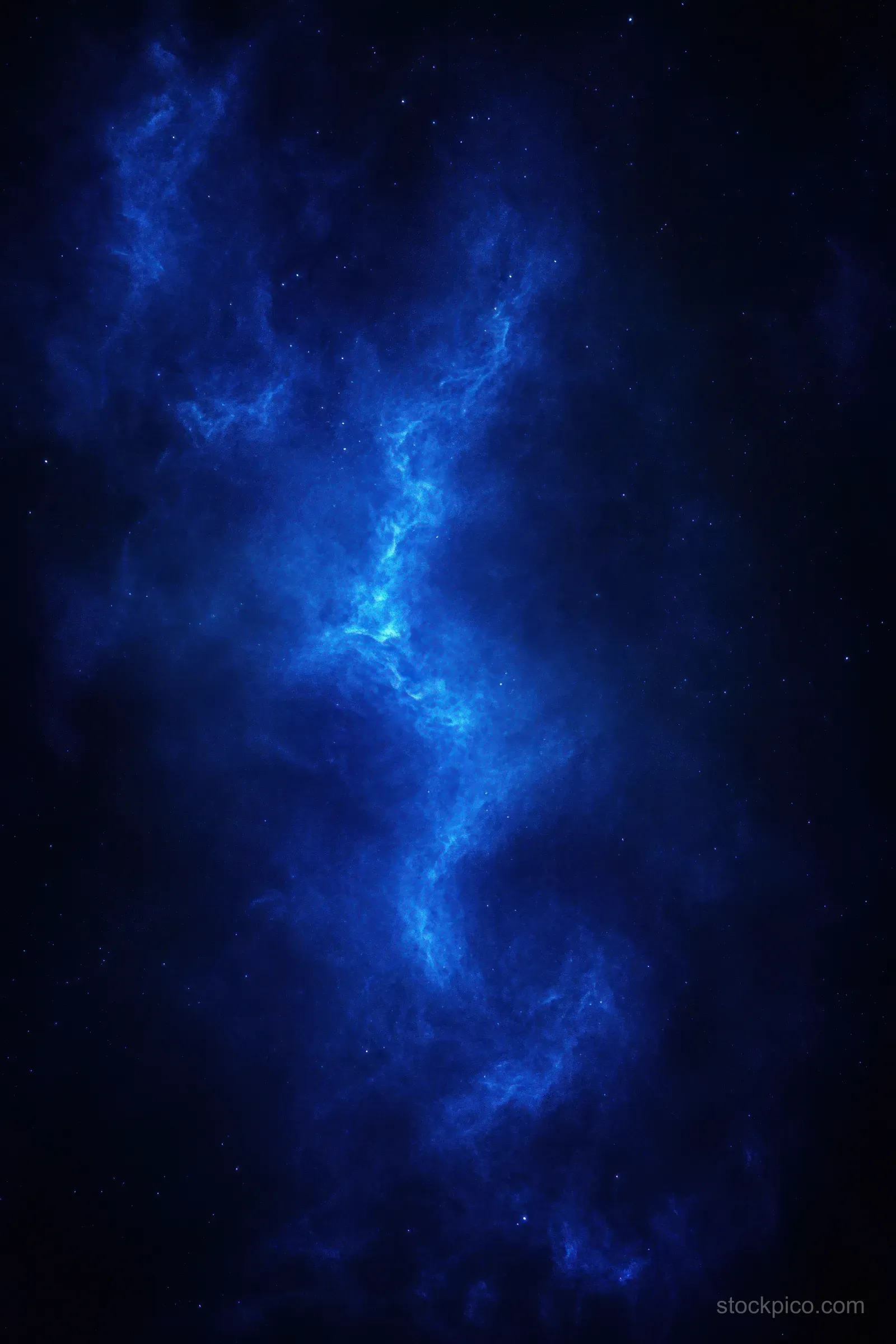 A glowing blue nebula with scattered stars spreads through a dark cosmic background.