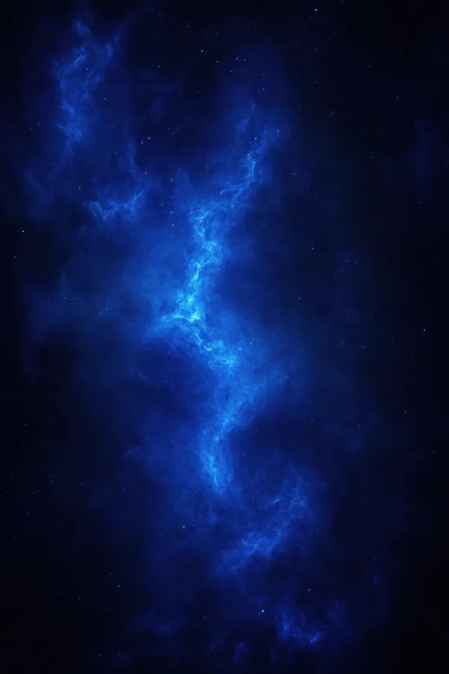 A glowing blue nebula with scattered stars spreads through a dark cosmic background.