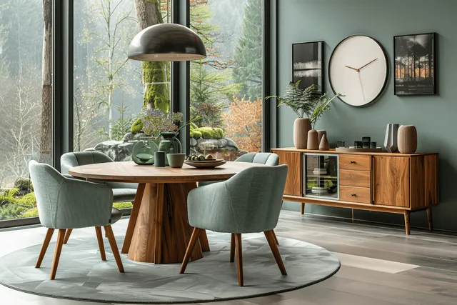 Mint sofa and round wooden table in a Scandinavian living room beside a window showing a forest.