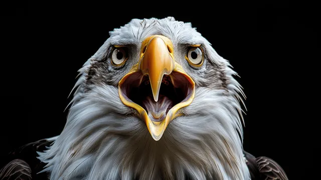 Close-up bald eagle head with open beak and intense eyes, isolated against a plain black background.