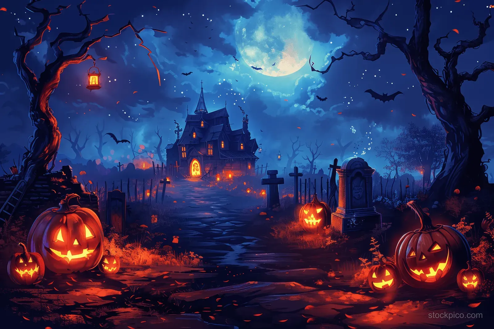Haunted house at night under a full moon with glowing carved pumpkins, bats in the sky, and misty gravestones.