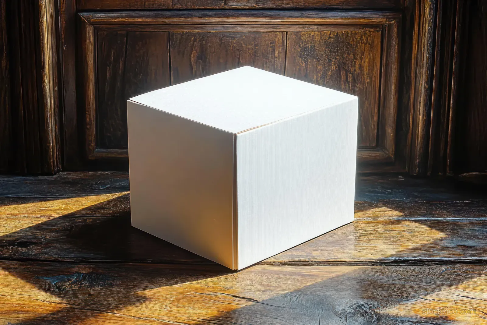 White rectangular box on a sunlit wooden floor with long shadows revealing wood grain and box edges.