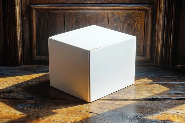 White rectangular box on a sunlit wooden floor with long shadows revealing wood grain and box edges.
