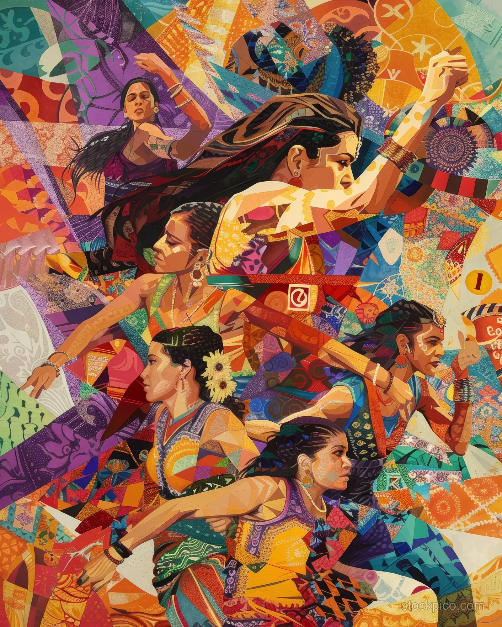 Women wrestlers grapple mid-match within a vivid collage of Indian patterns and textiles.
