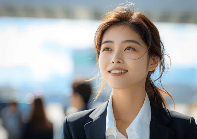 A smiling young Asian businesswoman in a suit stands outdoors with a bright blue-sky blurred background.