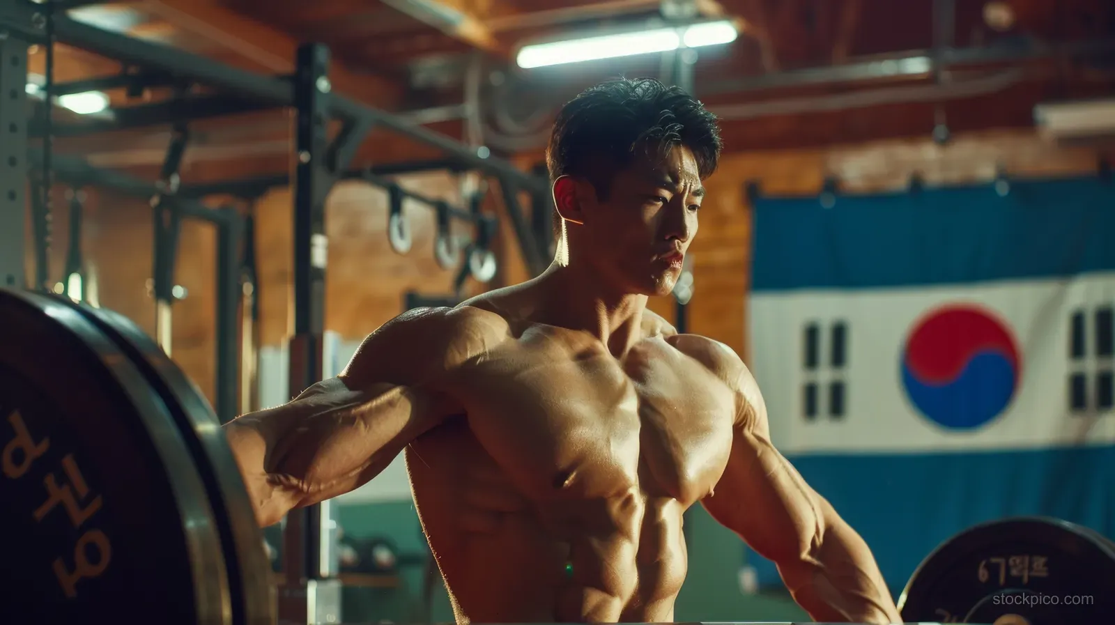 A muscular South Korean weightlifter pushes a barbell overhead in a gym while a Korean flag banner hangs behind.