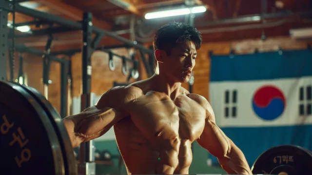 A muscular South Korean weightlifter pushes a barbell overhead in a gym while a Korean flag banner hangs behind.