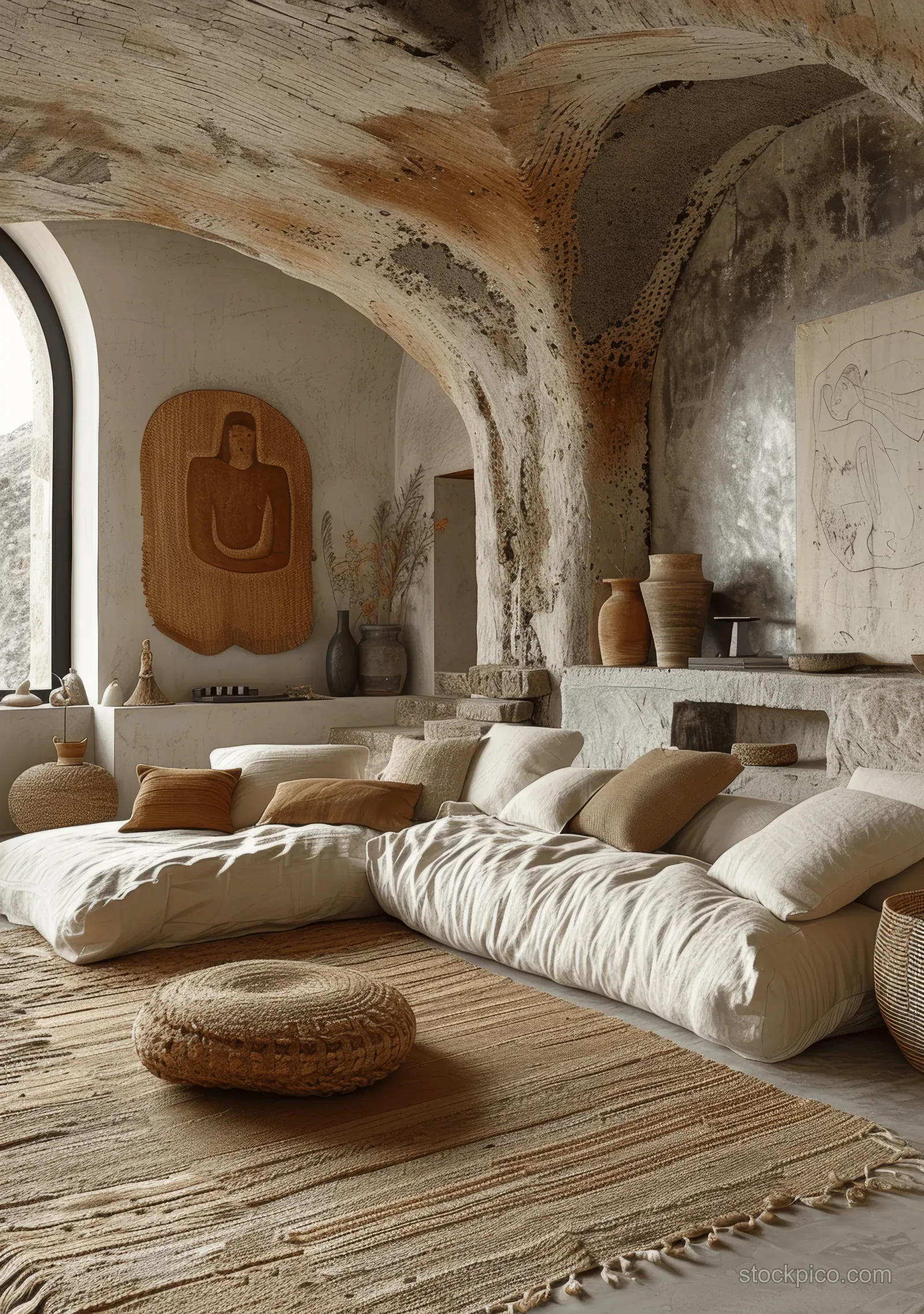 Beige boucle sofa and cushions sit in a warm arched stone living room with textured stucco walls and soft daylight.