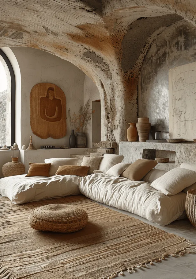 Beige boucle sofa and cushions sit in a warm arched stone living room with textured stucco walls and soft daylight.