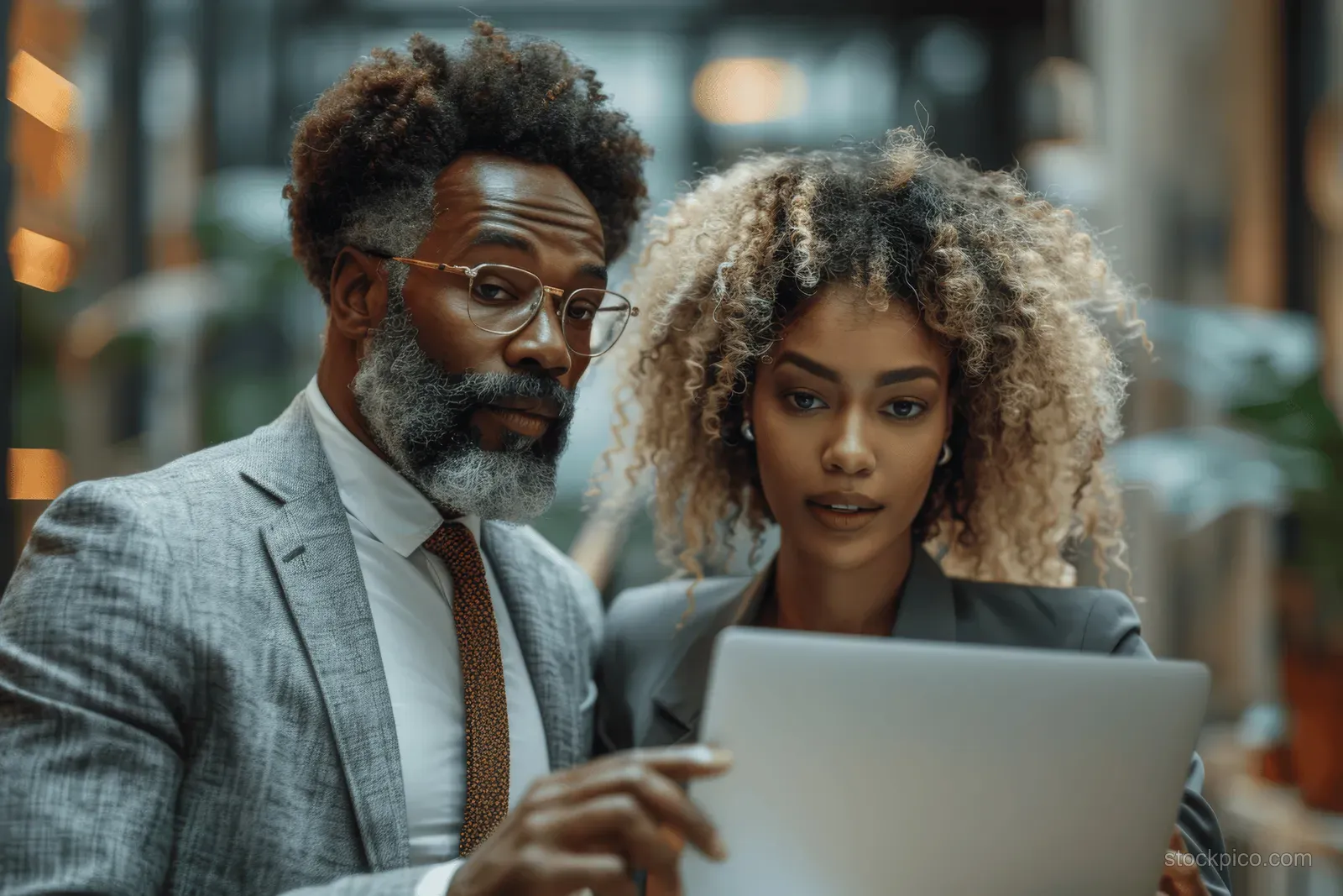 Two confident coworkers review a laptop together in a bright office during a project discussion.