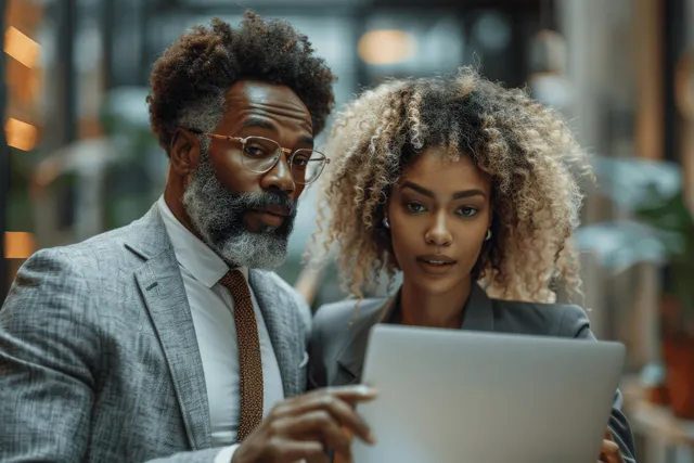 Two confident coworkers review a laptop together in a bright office during a project discussion.