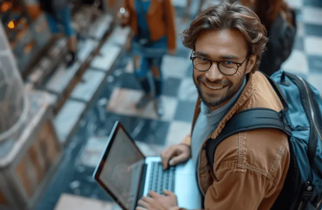 Smiling young man typing on laptop with backpack, standing indoors near a blue city map