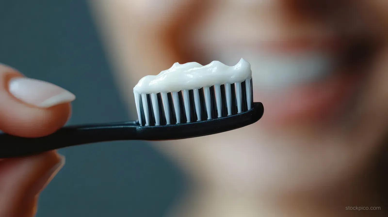 A hand holds a black toothbrush with white toothpaste foam as a smiling person is blurred in the background.