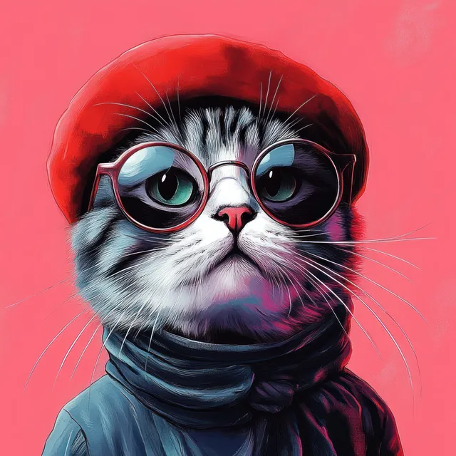 Grey cat with red beret and round glasses staring forward on a soft pink background.