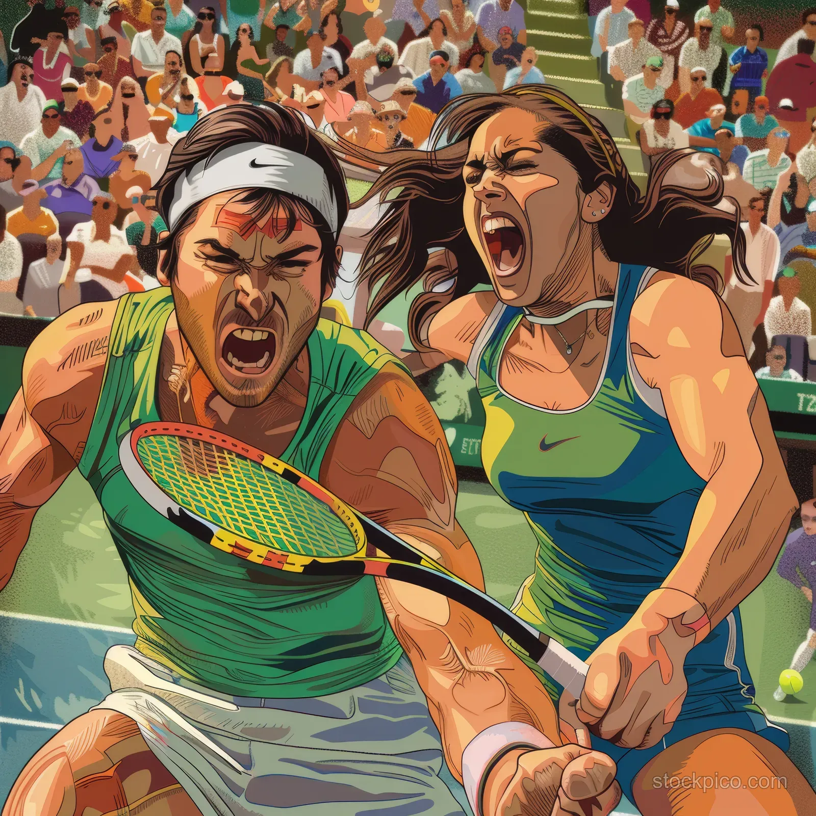 Two mixed doubles tennis players in green and blue uniforms rally on a crowded court behind them.