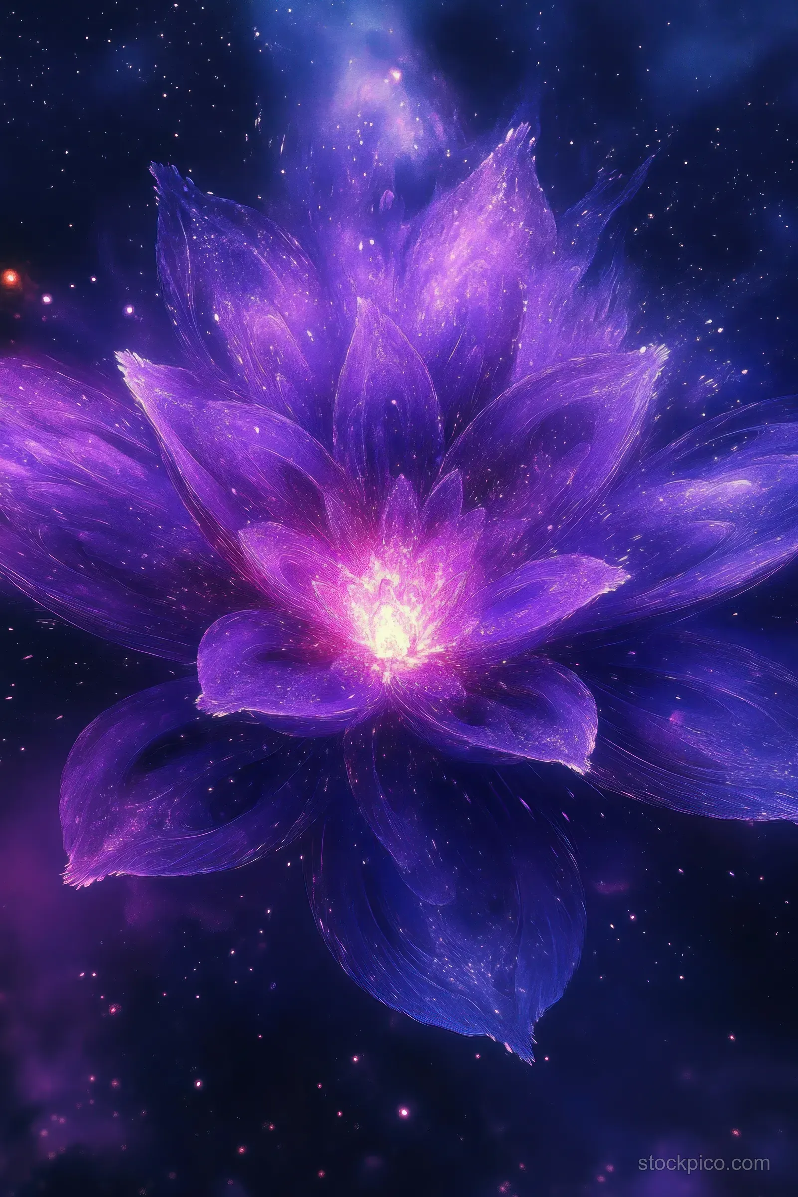 A purple cosmic flower blooms in space, emitting glowing light rays amid a starry nebula background.