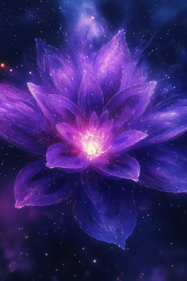 A purple cosmic flower blooms in space, emitting glowing light rays amid a starry nebula background.