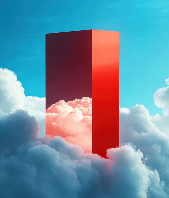 Red and orange rectangular block rising from pastel clouds under blue sky