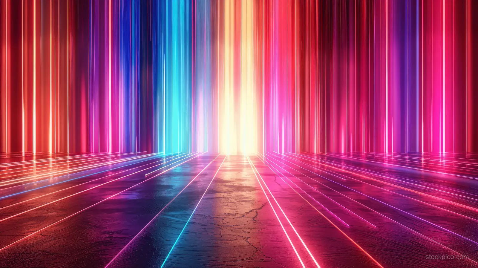 Multicolored neon light rays and glowing lines form a tunnel between vertical glowing stripes.