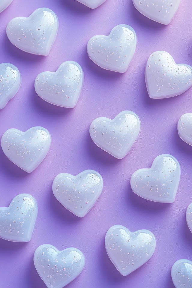 Pastel marshmallow hearts scattered on a lavender background forming a minimalist Valentine pattern.
