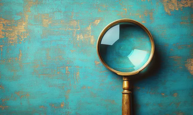 Vintage brass magnifying glass on a turquoise and gold textured background with a reflective lens.