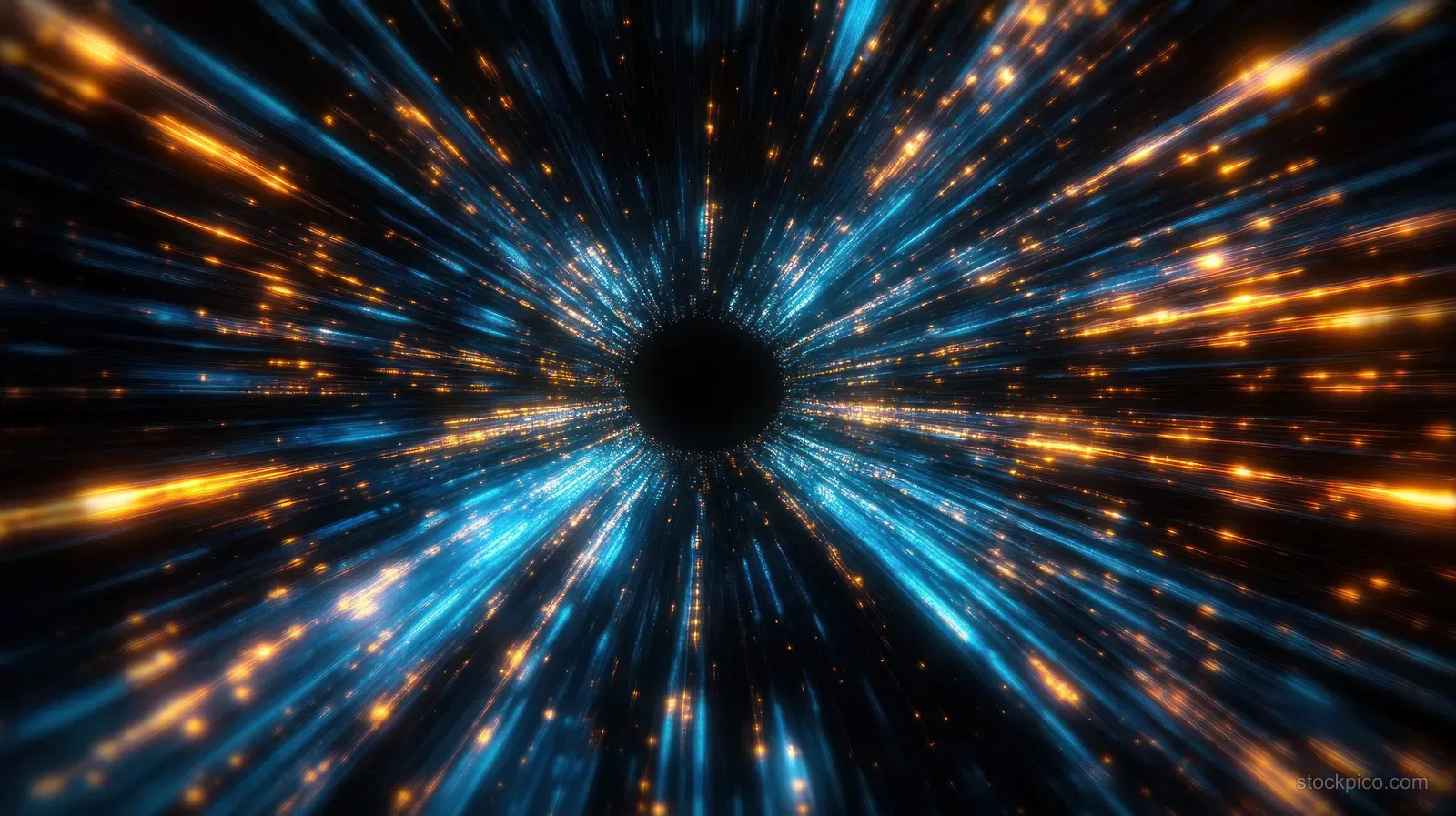 Blue and orange light streaks radiate inward toward a central black void with motion blur depth.