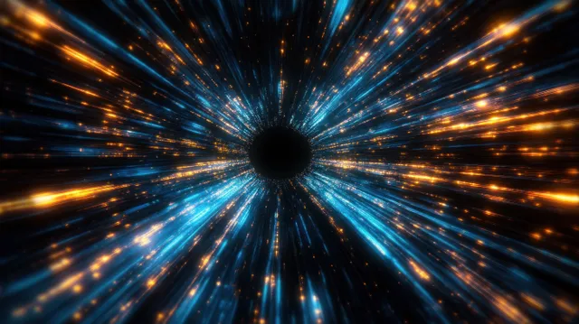 Blue and orange light streaks radiate inward toward a central black void with motion blur depth.