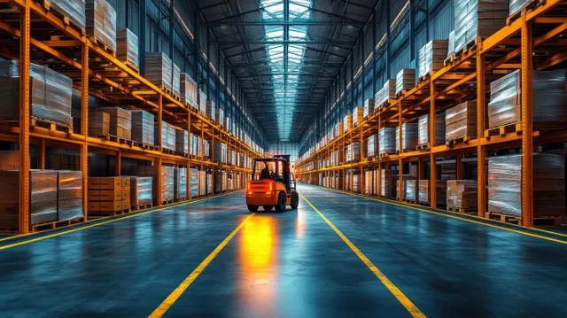 Forklift driving down a warehouse aisle between tall metal racks filled with boxed inventory