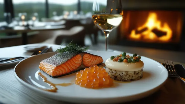 Salmon fillet with roe and rice on a white plate beside dill and peas, with a wine glass and fireplace behind.
