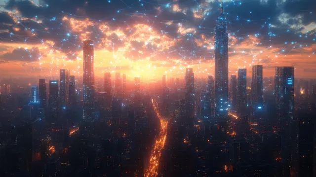 Night cyberpunk city skyline with glowing skyscrapers, blue neon network lines, and digital data overlays.