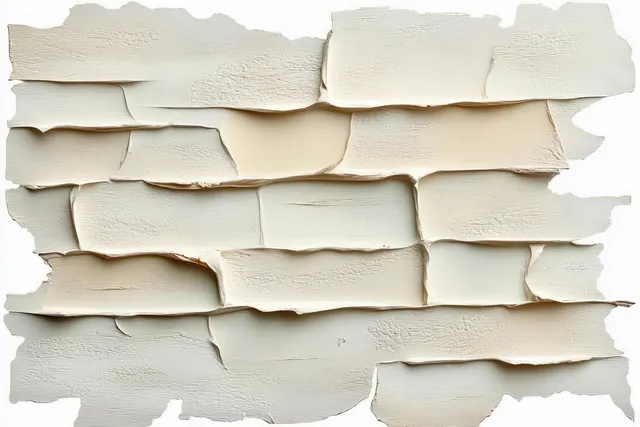 Uneven beige plaster on a wall with thick horizontal layers, raised edges, and visible brush stroke texture.