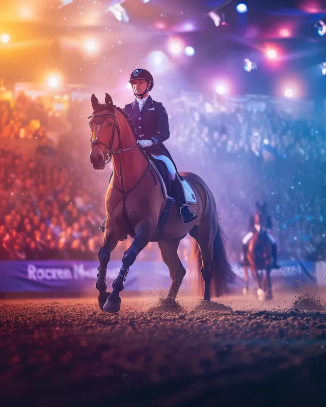 Dressage rider on a chestnut horse executes a collected movement in a twilight arena with spotlights and cheering spectators.