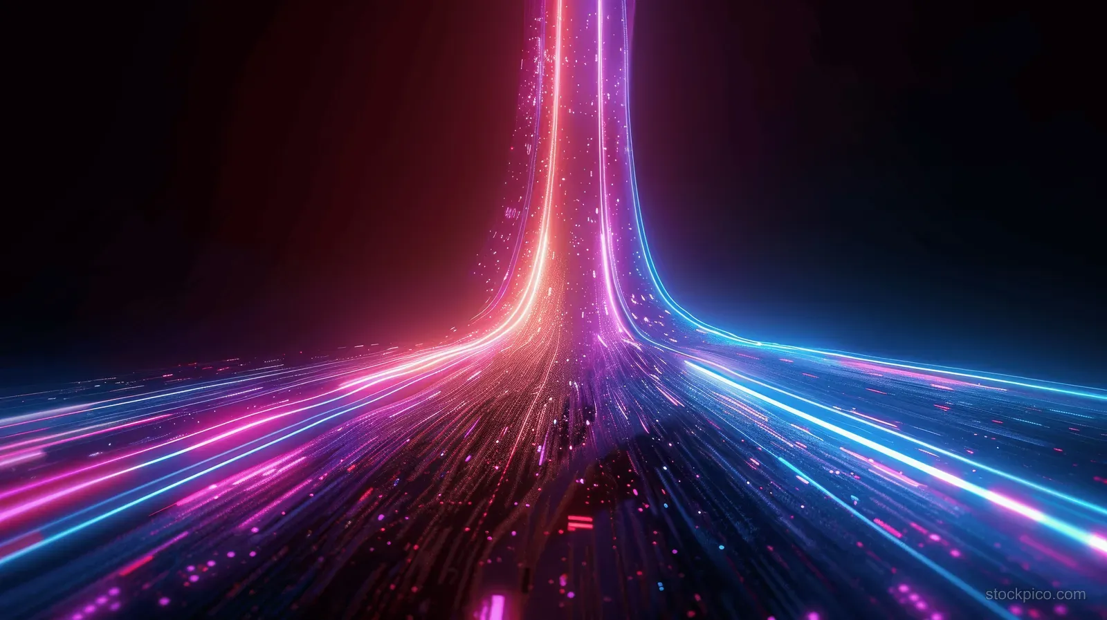 Futuristic neon light tunnel with pink, blue, and purple glowing beams converging into a central vanishing point.
