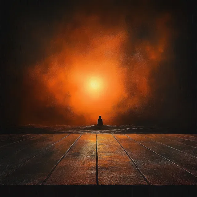 A lone silhouette sits on a wooden platform facing a glowing orange light amid dark mist.