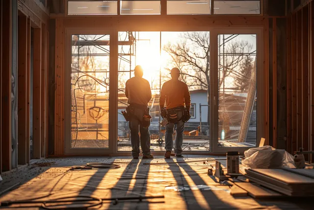 Construction workers fitting sliding glass doors inside a bright new home at golden hour with Real Estate Building
