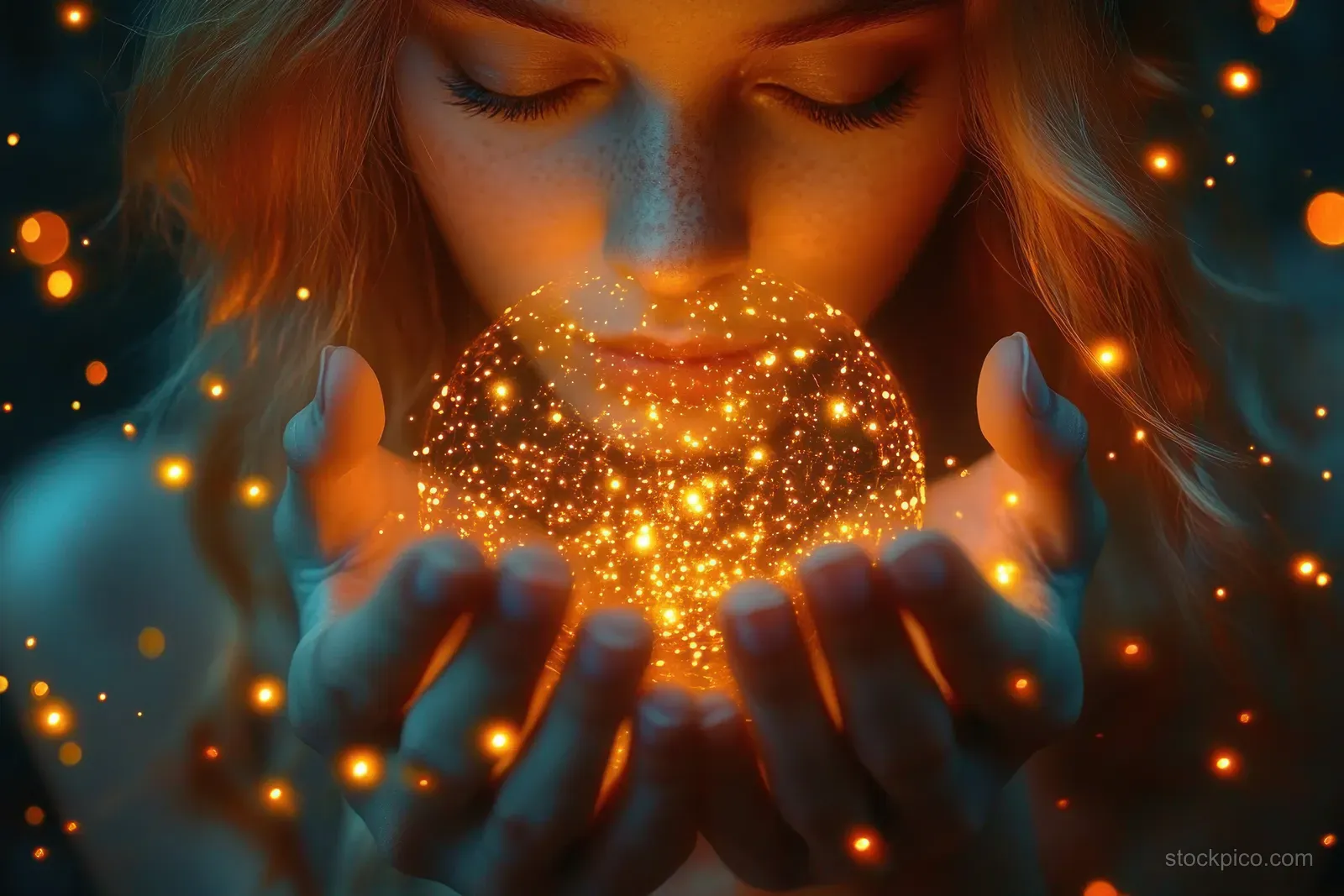 Woman with closed eyes cradles a glowing golden orb of light particles as warm sparkles float in a dark scene.