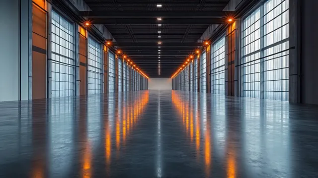 Symmetrical empty warehouse corridor with large windows and warm orange light reflections on polished concrete floor.