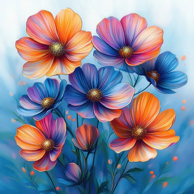 Vibrant orange, purple, and blue cosmos flowers with detailed stamens on a soft sky background