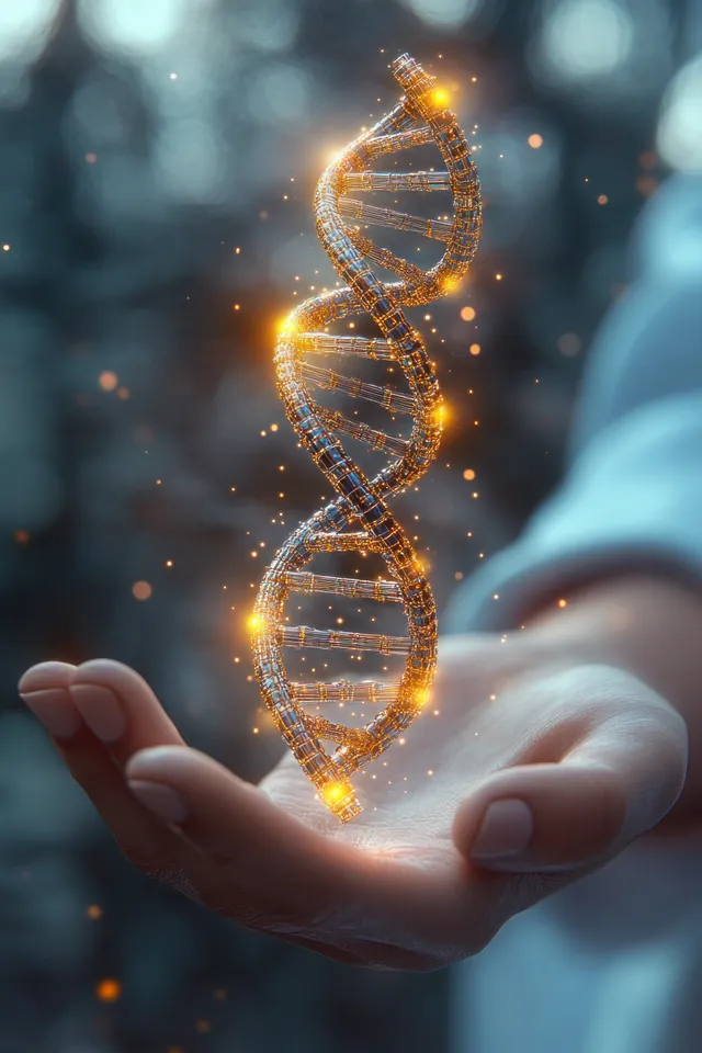 A warm glowing digital DNA double helix hovers above an open hand with soft blurred background lights.