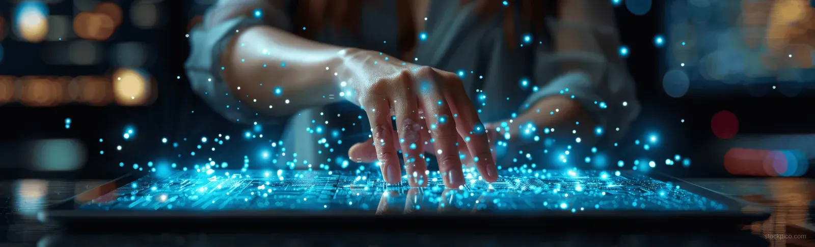 Woman reaches toward a glowing laptop touchscreen with floating digital particles.