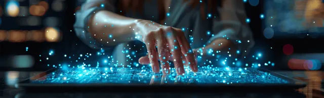Woman using laptop touchscreen with glowing AI data interface