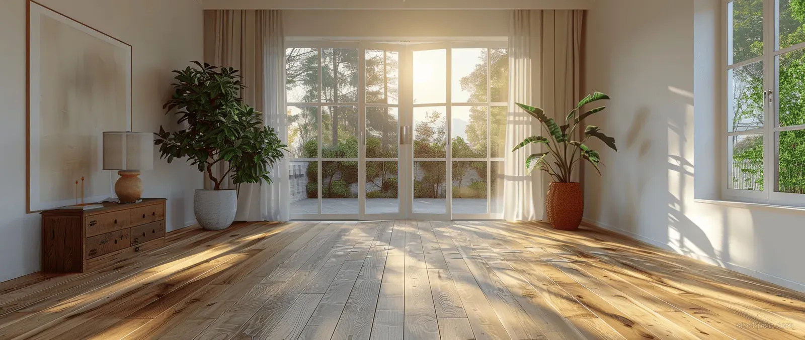 Minimalist home office interior with white walls and sunlit wooden parquet floor beside large windows.