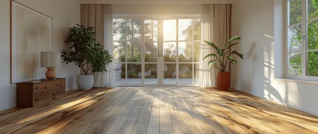 Minimalist home office interior with white walls and sunlit wooden parquet floor beside large windows.