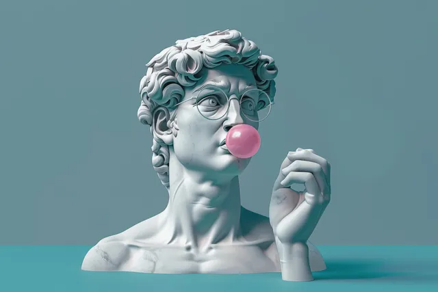 A 3D human head sculpture with sunglasses and bubble gum against a flat blue background.