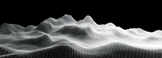 White wireframe wave terrain peaks and valleys stretch across a black background.