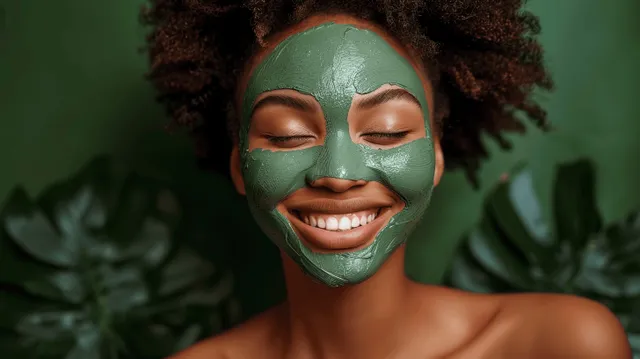 Smiling Black woman wearing green clay face mask during self-care spa session