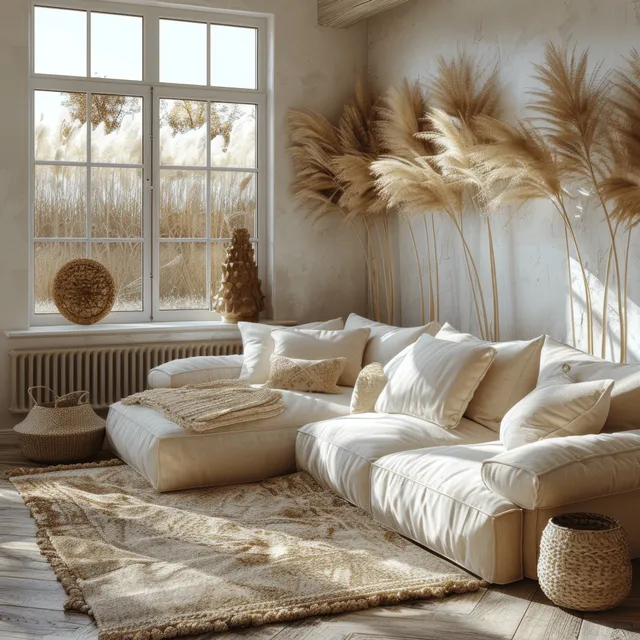 Beige sofa with pillows and pampas grass beside a bright window in a boho Scandinavian living room.