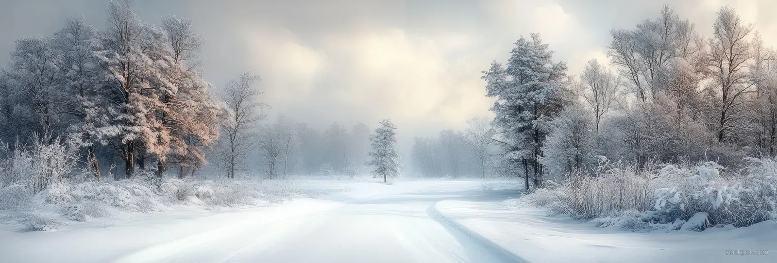 A snow-covered path curves through leafless trees with frost on branches beneath a cloudy winter sky.