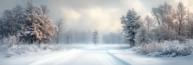 A snow-covered path curves through leafless trees with frost on branches beneath a cloudy winter sky.